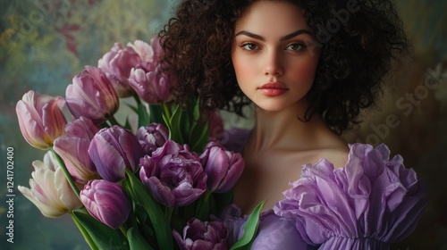 Emotional portrait of young woman with curly dark hair in lilac dress holding vibrant tulip bouquet indoors, celebrating Women's Day and Mother's Day. photo