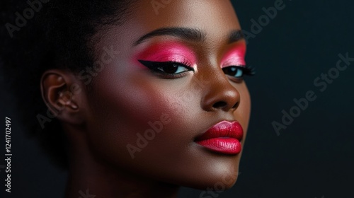 Wallpaper Mural Bright pink eyeshadow and lipstick makeup on a dark-skinned female model in a striking studio portrait against a smooth black background. Torontodigital.ca