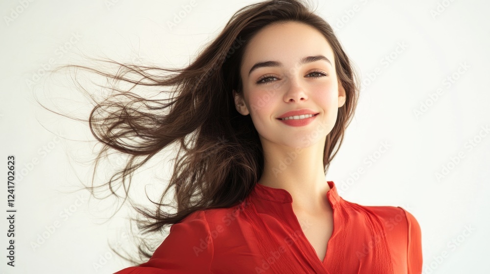 Portrait of a joyful young woman with flowing dark hair wearing a vibrant red blouse smiling at the camera against a clean white studio background. Portrait of a joyful young woman with flowing dark hair wearing a vibrant red blouse smiling at the camera against a clean white studio background.