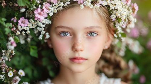 Serene Portrait of a Young Girl with Long Braid Wearing a Floral Crown Surrounded by Blooming Wildflowers in Soft Natural Light