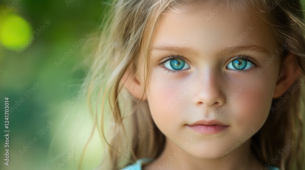 Charming portrait of a young girl with long light brown hair and striking blue eyes, set against a soft green natural background. Charming portrait of a young girl with long light brown hair and striking blue eyes, set against a soft green natural background.