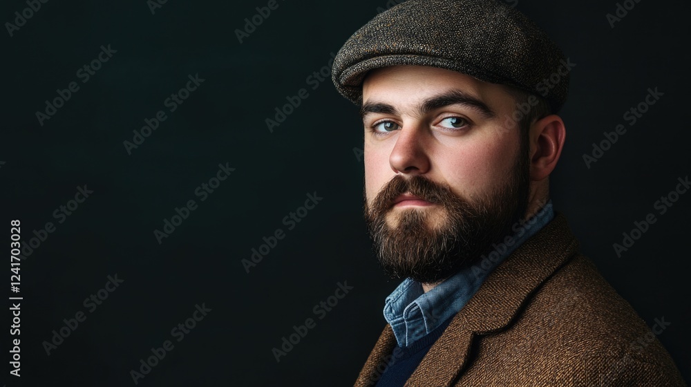 Portrait of a mature man with a thick beard and stylish cap wearing a brown blazer against a dark background exuding confidence and elegance Portrait of a mature man with a thick beard and stylish cap wearing a brown blazer against a dark background exuding confidence and elegance