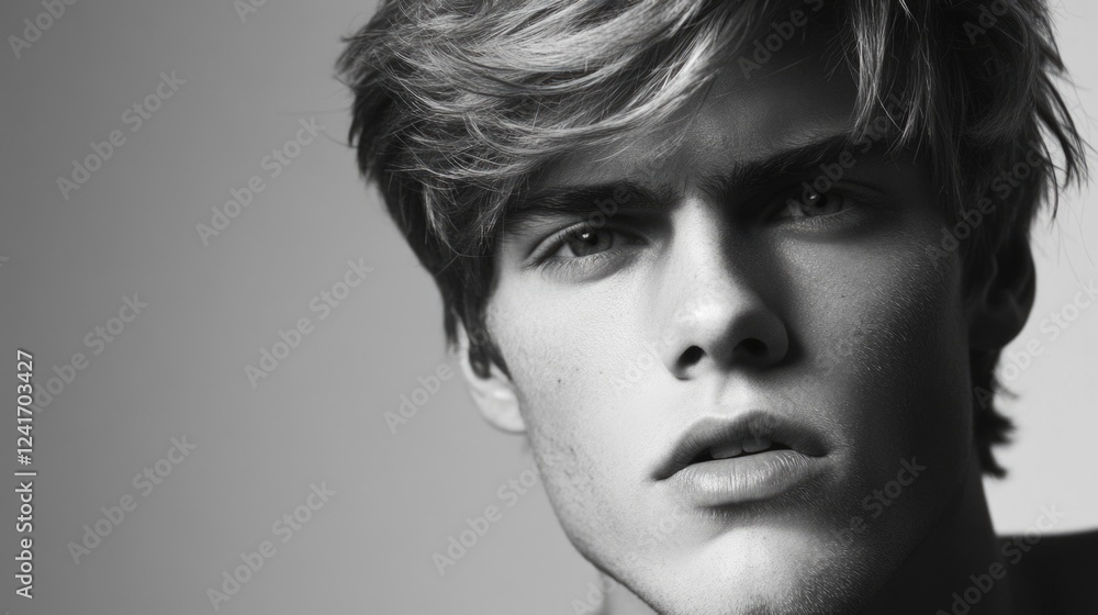 Young male model with stylish tousled hair showcasing a serious expression in studio black and white photography against a neutral backdrop. Young male model with stylish tousled hair showcasing a serious expression in studio black and white photography against a neutral backdrop.