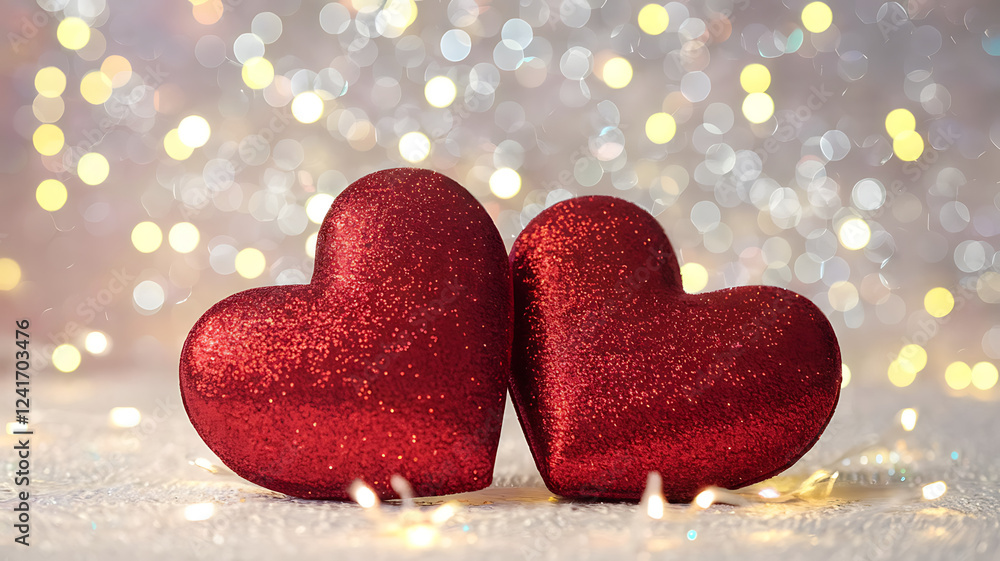 Fototapeta premium Two Red Glitter Hearts with Bokeh Lights