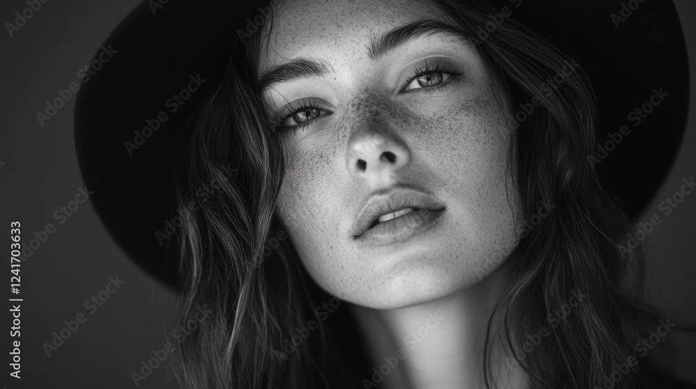 Young Caucasian woman in black wide-brimmed hat with relaxed serious expression looking directly at the camera featuring freckles in monochrome setting Young Caucasian woman in black wide-brimmed hat with relaxed serious expression looking directly at the camera featuring freckles in monochrome setting
