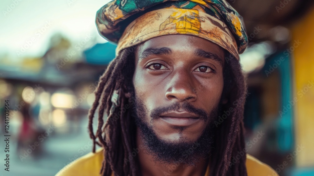 Close-up portrait of a young Rastafarian man with dreadlocks wearing a vibrant headwrap, set against a blurred outdoor marketplace background. Close-up portrait of a young Rastafarian man with dreadlocks wearing a vibrant headwrap, set against a blurred outdoor marketplace background.