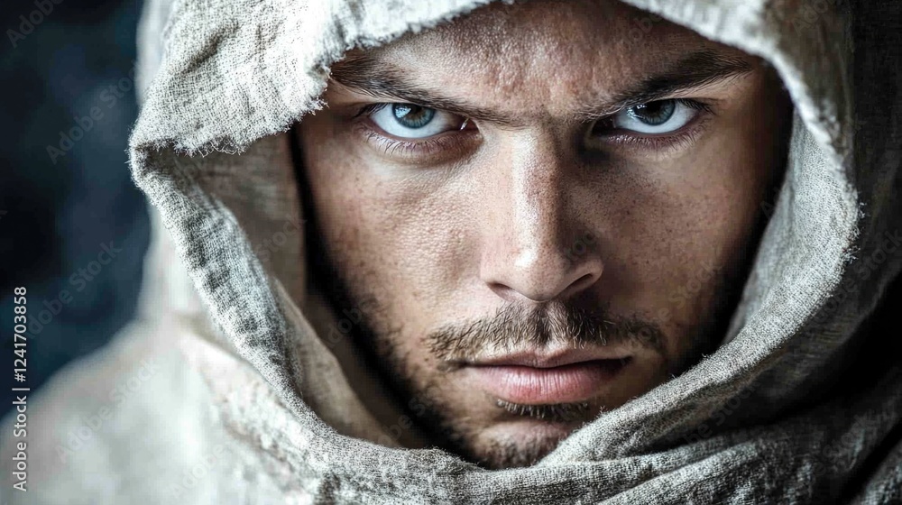 Intense close-up portrait of a young man with piercing blue eyes wearing a gray hood, evoking themes of anonymity and mystery in a dramatic studio setting. Intense close-up portrait of a young man with piercing blue eyes wearing a gray hood, evoking themes of anonymity and mystery in a dramatic studio setting.
