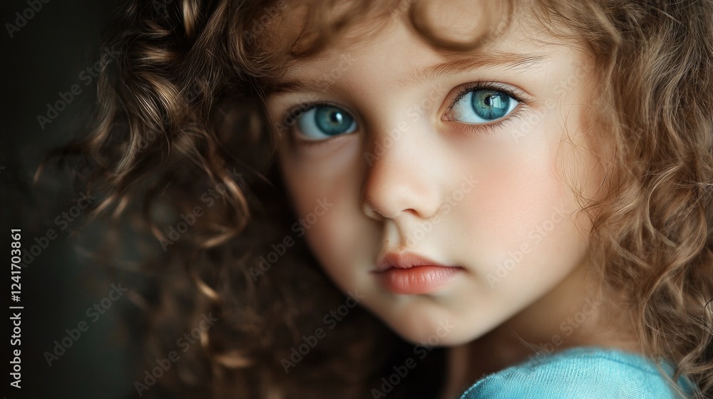 Captivating close-up portrait of a young girl with curly hair and blue eyes, wearing a light blue top, representing innocence and beauty. Captivating close-up portrait of a young girl with curly hair and blue eyes, wearing a light blue top, representing innocence and beauty.