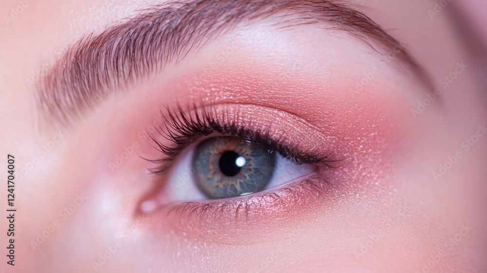 Fototapeta premium Close-up Detail of a Woman's Eye with Soft Pink Makeup and Defined Eyebrow Showcasing Blue Iris and Long Lashes in Natural Light