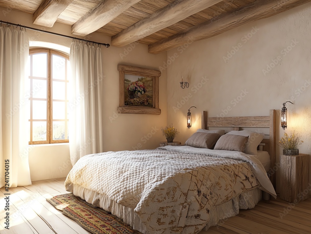 Rustic bedroom with wooden beams, natural light, and cozy bedding. Rustic bedroom with wooden beams, natural light, and cozy bedding.