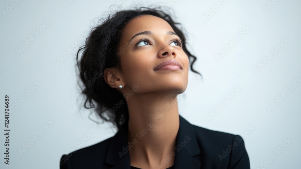 Business woman looking upward with a thoughtful expression and a slight smile, featuring curly dark hair and dressed in a black suit against a soft white backdrop. Business woman looking upward with a thoughtful expression and a slight smile, featuring curly dark hair and dressed in a black suit against a soft white backdrop.
