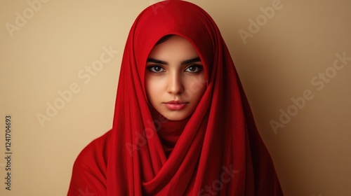 Elegant young Arabian Muslim woman in vibrant red abaya and hijab, posing calmly against a soft beige studio background, showcasing Middle Eastern cultural identity.