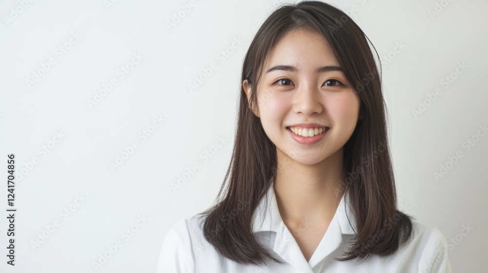 Smiling young Asian female nurse in white uniform against neutral background showcasing professionalism and warmth in healthcare setting. Smiling young Asian female nurse in white uniform against neutral background showcasing professionalism and warmth in healthcare setting.