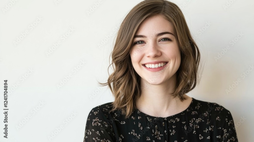 cheerful young woman with shoulder-length wavy hair wearing a black patterned blouse smiling joyfully indoors with a light neutral background cheerful young woman with shoulder-length wavy hair wearing a black patterned blouse smiling joyfully indoors with a light neutral background