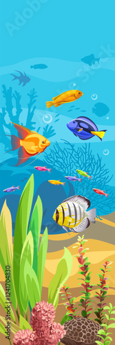 Vector ocean world. Exotic seascape with fish, seaweeds and corals. Aquatic ecosystem. Illustration of underwater life. Undersea bottom.
