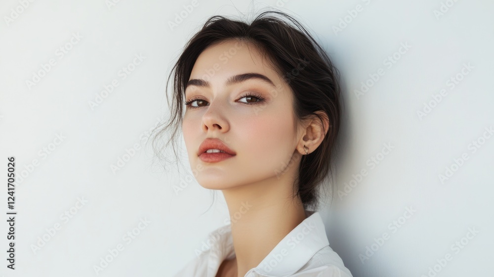 Elegant young woman with natural makeup and soft features, wearing a white blouse, posing against a light neutral backdrop. Elegant young woman with natural makeup and soft features, wearing a white blouse, posing against a light neutral backdrop.