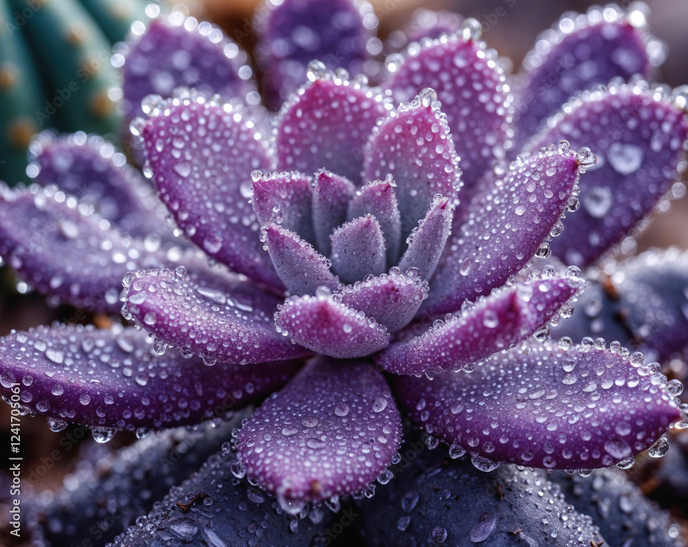 A close-up of a vibrant purple succulent covered in delicate dewdrops, creating a fresh and artistic macro perspective. Generative AI A close-up of a vibrant purple succulent covered in delicate dewdrops, creating a fresh and artistic macro perspective. Generative AI