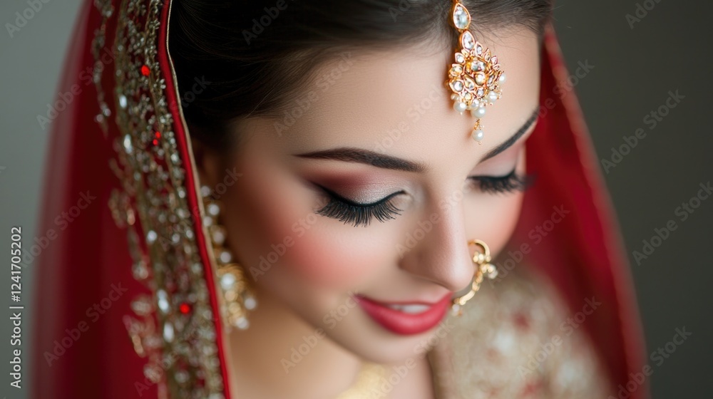 Fototapeta premium Elegant bridal makeup application on a beautiful young woman wearing a red traditional outfit with intricate jewelry and delicate eyelashes, close-up portrait.