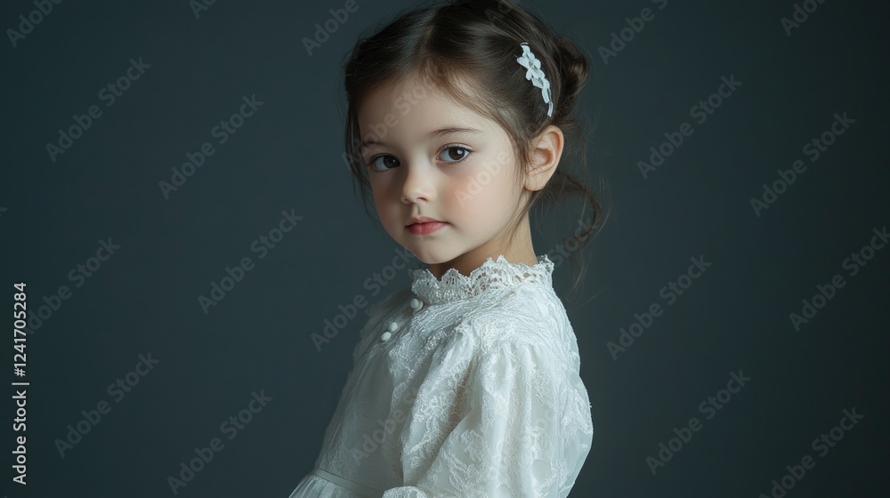 Portrait of a young girl wearing a white classic dress with lace details against a soft gray background, showcasing innocence and grace. Portrait of a young girl wearing a white classic dress with lace details against a soft gray background, showcasing innocence and grace.