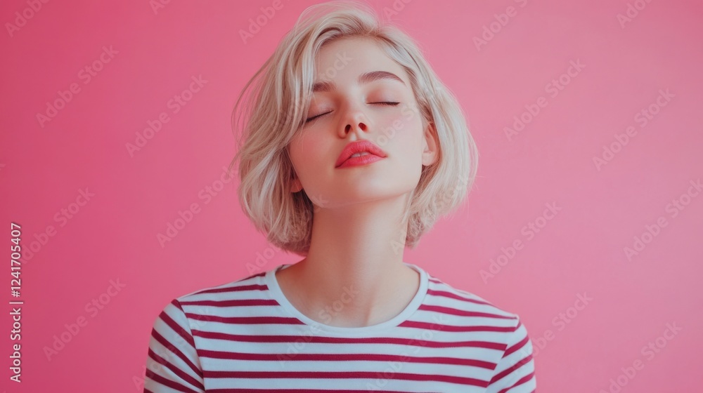 Cute millennial woman with short blonde hair closed eyes wearing striped t-shirt against vibrant pink background showcasing peaceful expression. Cute millennial woman with short blonde hair closed eyes wearing striped t-shirt against vibrant pink background showcasing peaceful expression.