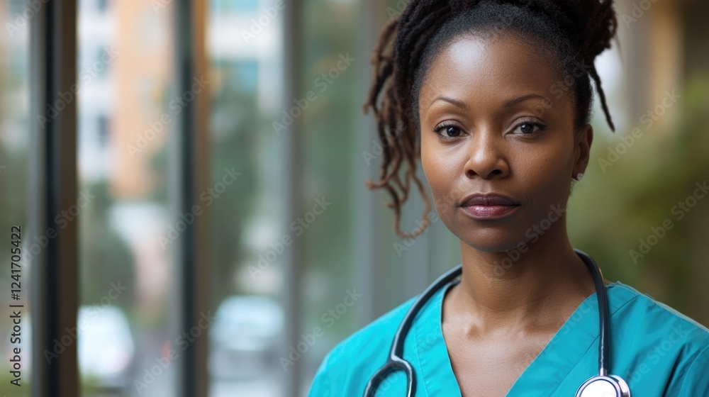 Professional portrait of a determined Black woman doctor in teal scrubs with stethoscope in hospital setting, soft natural light filtering through glass windows. Professional portrait of a determined Black woman doctor in teal scrubs with stethoscope in hospital setting, soft natural light filtering through glass windows.