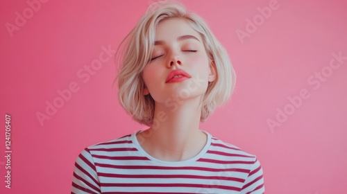 Wallpaper Mural Cute millennial woman with short blonde hair closed eyes wearing striped t-shirt against vibrant pink background showcasing peaceful expression. Torontodigital.ca