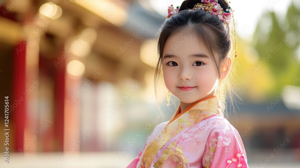 Elegant young Asian girl in traditional pink costume, posing gracefully at a vibrant Buddhist temple in soft sunlight, showcasing cultural heritage. Elegant young Asian girl in traditional pink costume, posing gracefully at a vibrant Buddhist temple in soft sunlight, showcasing cultural heritage.