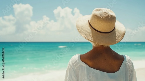 Fototapeta Naklejka Na Ścianę i Meble -  Senior woman enjoying a peaceful vacation on a Caribbean beach with a clear blue sky and turquoise sea, wearing a stylish straw hat and white linen attire.