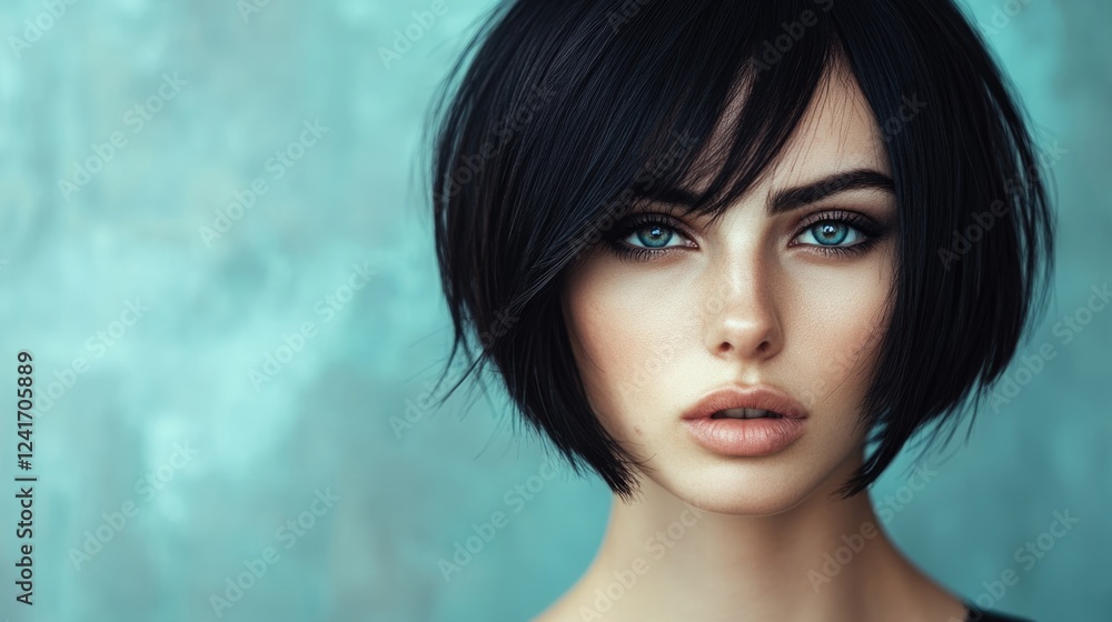 portrait of a young woman with short black hair and striking blue eyes against a soft teal background conveying modern beauty and elegance portrait of a young woman with short black hair and striking blue eyes against a soft teal background conveying modern beauty and elegance