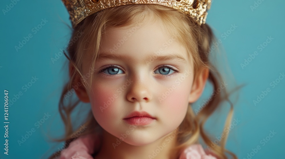 Portrait of a young girl wearing a golden crown, with blue eyes and a soft pink outfit, against a light blue background in a studio setting. Portrait of a young girl wearing a golden crown, with blue eyes and a soft pink outfit, against a light blue background in a studio setting.