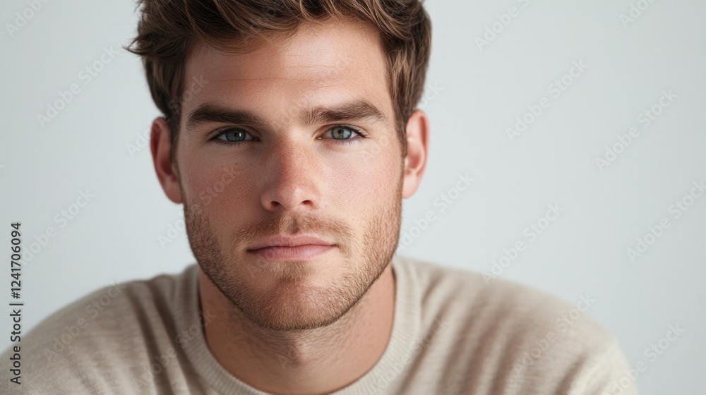 Obraz premium Handsome young man with styled light brown hair wearing a casual beige sweater, gazing confidently at the camera against a soft white background.