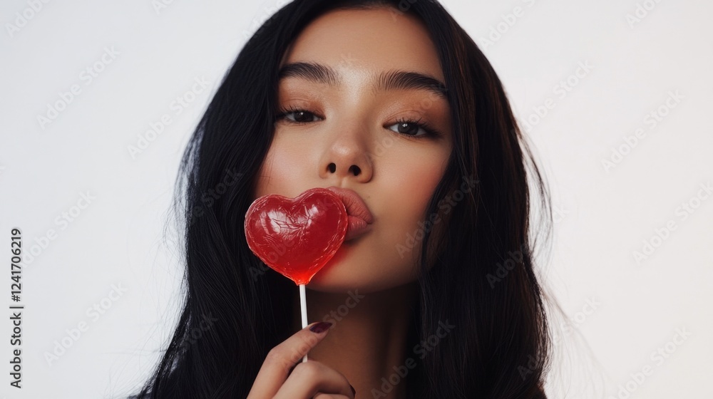 Close-up of young woman with long dark hair playfully licking red heart-shaped lollipop against a minimalist white background, conveying sweetness and joy. Close-up of young woman with long dark hair playfully licking red heart-shaped lollipop against a minimalist white background, conveying sweetness and joy.