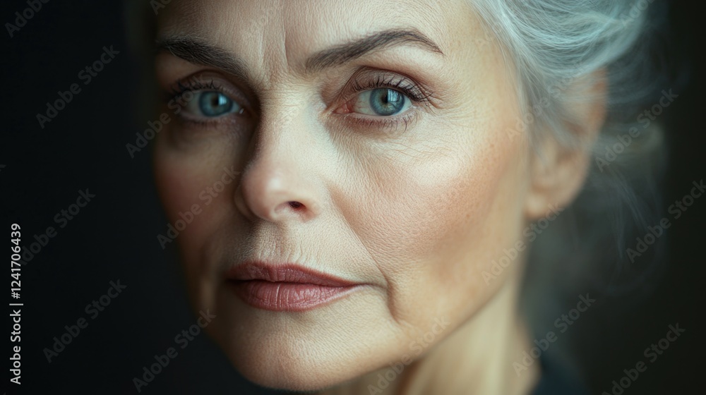 Elegant mature woman with silver hair and expressive blue eyes, captured indoors with soft natural lighting, showcasing timeless beauty and grace. Elegant mature woman with silver hair and expressive blue eyes, captured indoors with soft natural lighting, showcasing timeless beauty and grace.