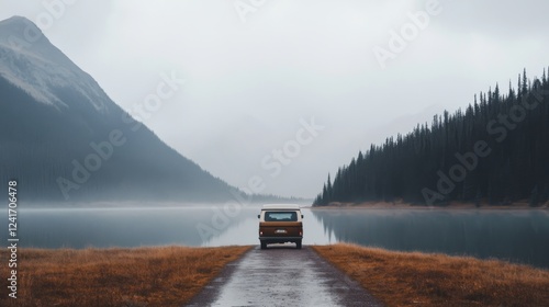 Van on misty lake road, mountain backdrop, autumn. Travel photography photo