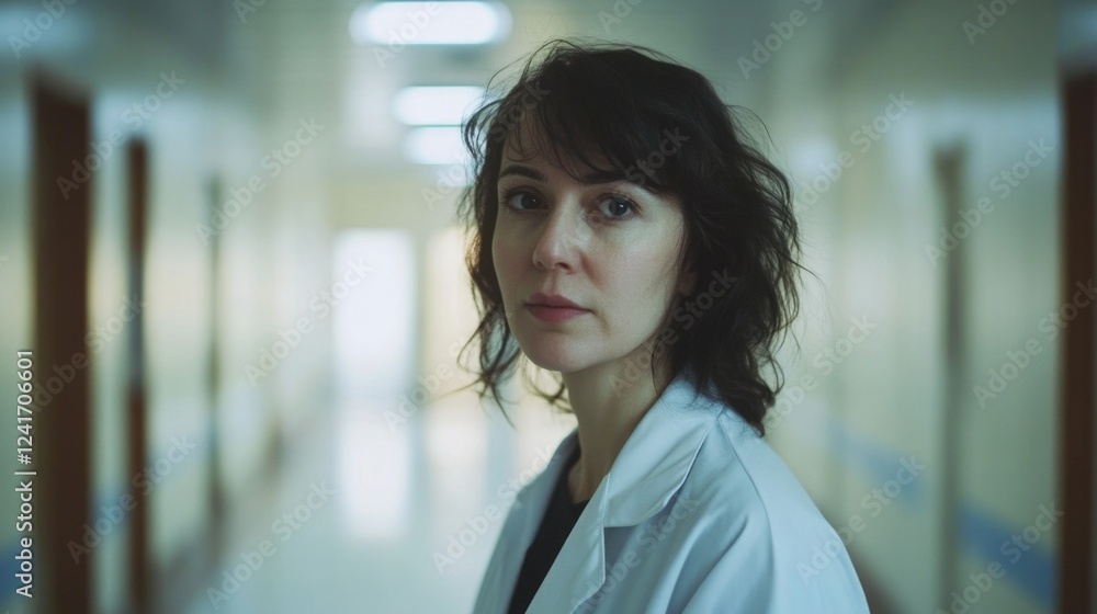 Woman doctor in white lab coat stands thoughtfully in hospital corridor with soft lighting and neutral-colored walls, conveying professionalism and care. Woman doctor in white lab coat stands thoughtfully in hospital corridor with soft lighting and neutral-colored walls, conveying professionalism and care.