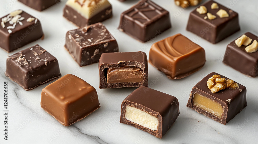 Assortment of gourmet chocolates arranged beautifully on a marble surface showcasing rich flavors and textures perfect for indulgence and gifting. Generative AI Assortment of gourmet chocolates arranged beautifully on a marble surface showcasing rich flavors and textures perfect for indulgence and gifting. Generative AI