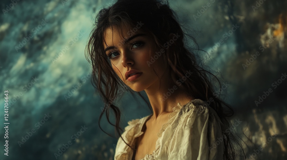 Cinematic studio portrait of a young beautiful woman with long dark hair, soft lighting, and a serene expression against a textured blue background. Cinematic studio portrait of a young beautiful woman with long dark hair, soft lighting, and a serene expression against a textured blue background.