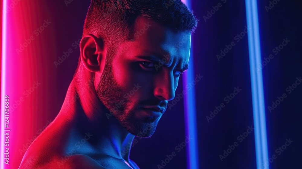Handsome young man with muscular build and bare torso expressing deep emotions under vibrant blue and pink neon lights in an urban setting Handsome young man with muscular build and bare torso expressing deep emotions under vibrant blue and pink neon lights in an urban setting