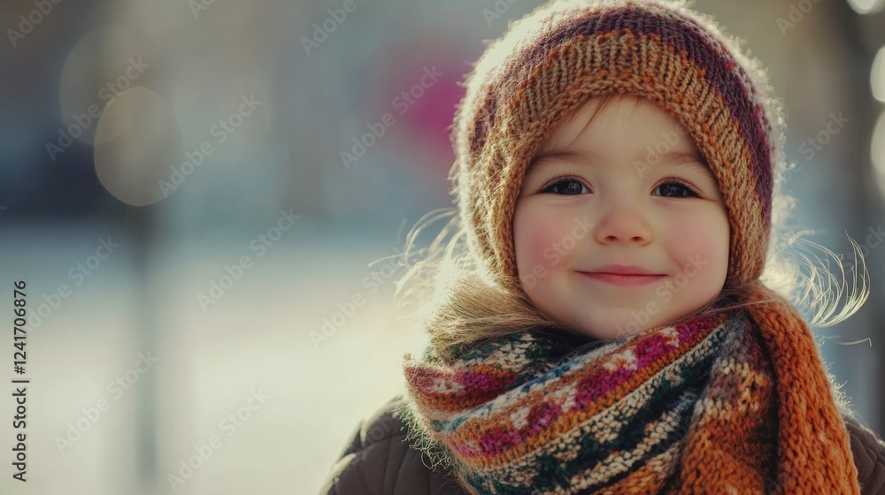 Charming young girl with a joyful smile wearing a colorful Russian traditional Pavloposad scarf and knitted hat in a snowy outdoor setting. Charming young girl with a joyful smile wearing a colorful Russian traditional Pavloposad scarf and knitted hat in a snowy outdoor setting.