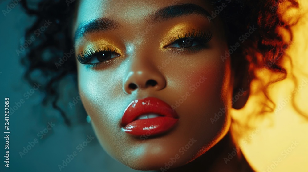 Obraz premium Close-up portrait of a beautiful black woman with vibrant yellow eyeshadow and striking red lips set against a dynamic blue and orange background.