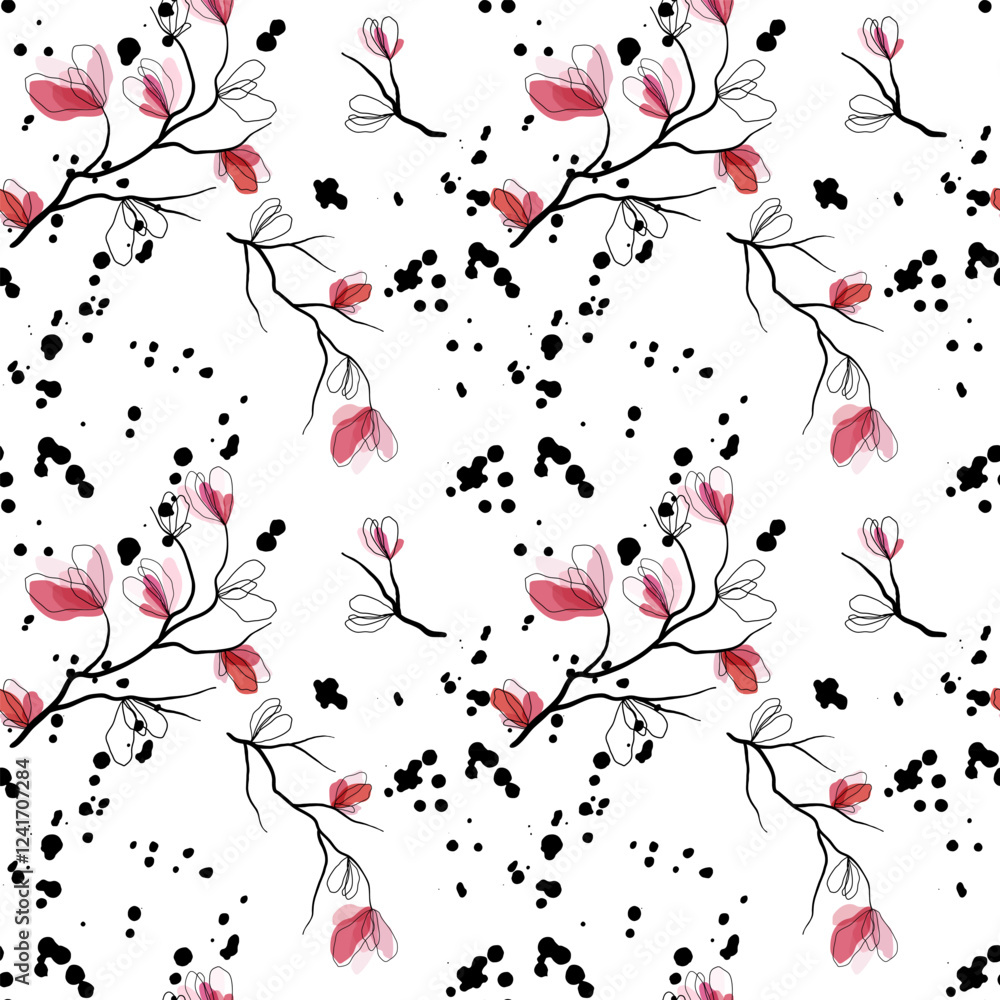 Floral seamless pattern with pink flowers, leaves and magnolia petals on a white background. Pastel vintage theme with realistic, vector, spring flowers for fabric, prints, greeting cards.