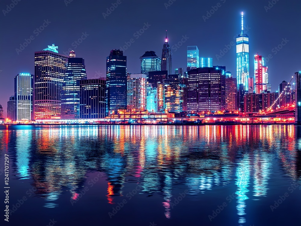 Obraz premium Vibrant New York City skyline at night, reflected in calm water. Stunning cityscape.