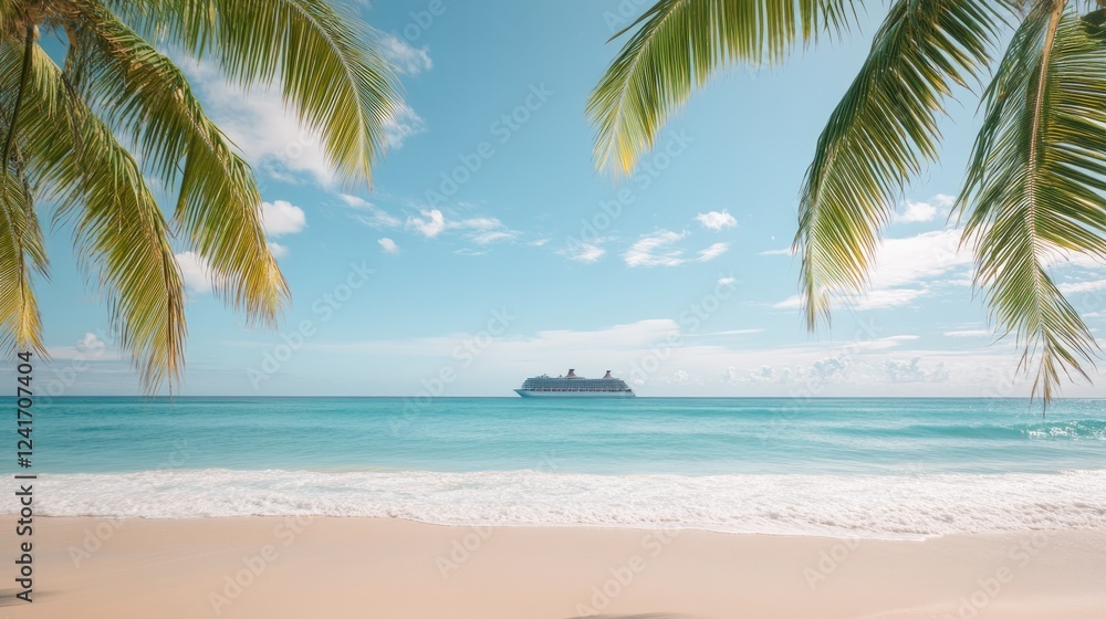 Fototapeta premium scenic image of tropical beach with cruise ship visible in distance framed by palm trees and soft waves