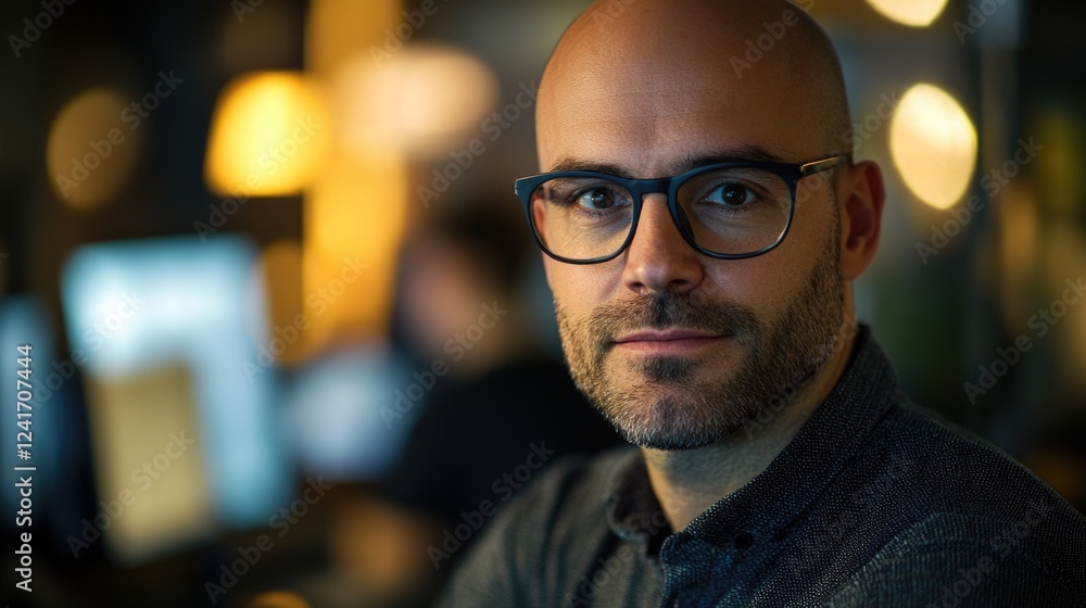 Bald handsome middle-aged man in glasses displaying serious expression transitioning to smile against blurred indoor office environment with computer screens at night Bald handsome middle-aged man in glasses displaying serious expression transitioning to smile against blurred indoor office environment with computer screens at night