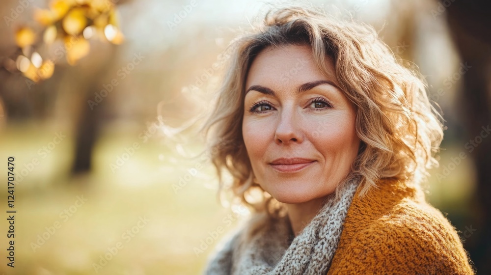 Spring outdoor portrait of a 40-year-old woman with curly hair wearing a cozy gray scarf and mustard sweater in a sunlit natural setting Spring outdoor portrait of a 40-year-old woman with curly hair wearing a cozy gray scarf and mustard sweater in a sunlit natural setting