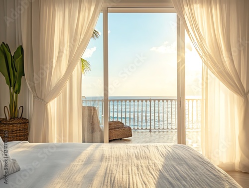 Wallpaper Mural Sunlit bedroom with ocean view.  Luxury coastal getaway. Relaxing vacation vibes. Torontodigital.ca