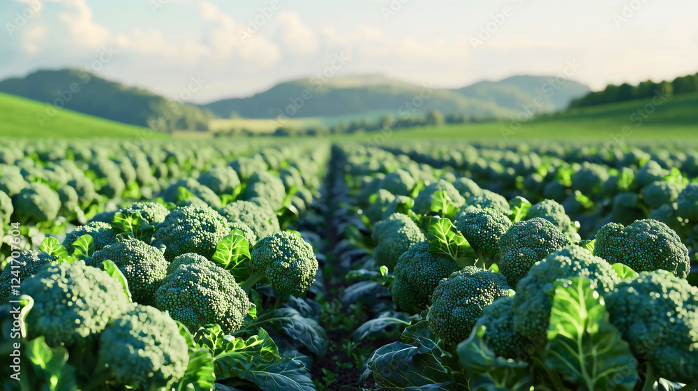 Fototapeta premium A beautiful green broccoli farm on a rural hillside, with rows of broccoli crops showcasing the agricultural planting of this vegetable, featuring its distinctive appearance.