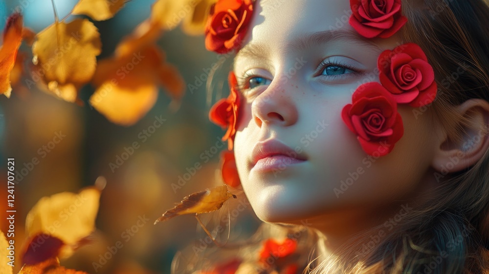 Young girl with blue eyes adorned with red rose appliqués on her face amidst autumn leaves in a serene outdoor setting with warm colors Young girl with blue eyes adorned with red rose appliqués on her face amidst autumn leaves in a serene outdoor setting with warm colors