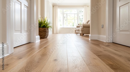 Light oak flooring hallway, living room view, home interior design