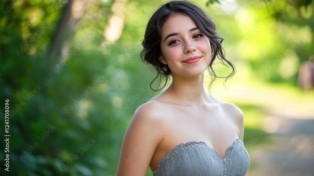 Happy young woman in strapless gray dress smiling outdoors in lush green park setting during summer, showcasing natural beauty and serenity. Happy young woman in strapless gray dress smiling outdoors in lush green park setting during summer, showcasing natural beauty and serenity.